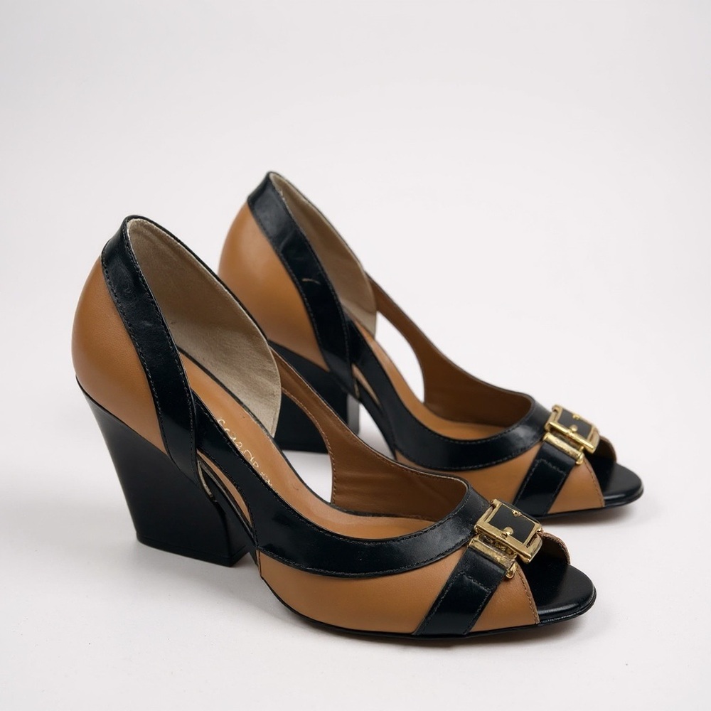 Women's Two-Tone Tan & Black Peep-Toe Wedge Heels